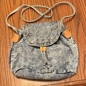 Blue and Tan Crossbody Bag with Distressed Look and Flap Closure